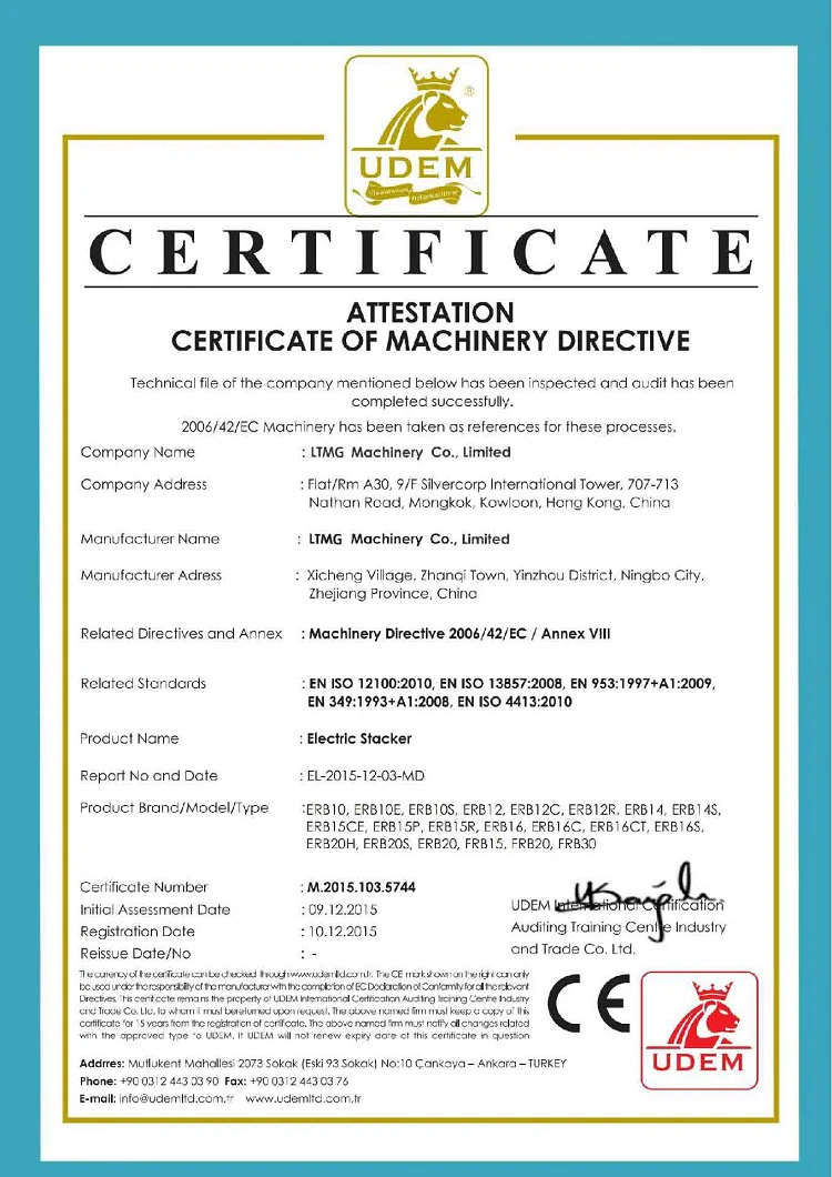 CE Certificaton of Electric Stacker CE Certificaton of Electric Stacker