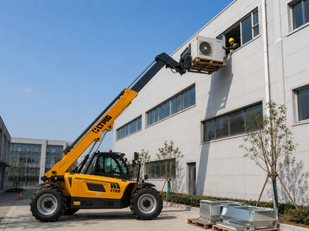 A telehandler is installing an air conditioner A telehandler is installing an air conditioner